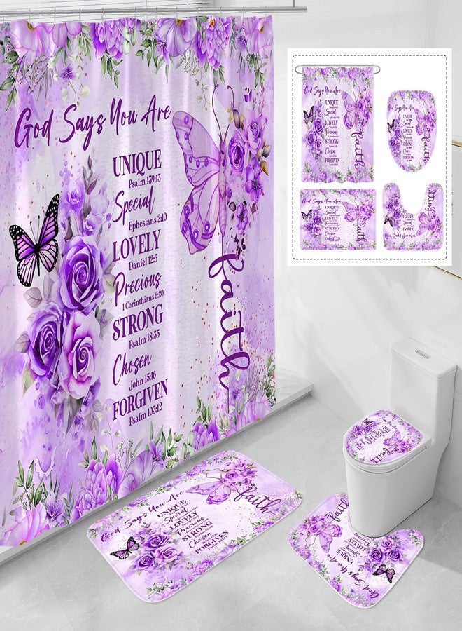 Litabel 4 Pcs Purple Butterfly Inspirational Quotes Shower Curtain Set with Rugs and Toilet Lid Cover, Colorful Boho Waterproof Fabric Bathroom Set, Bible Verse Floral Bathroom Decor Set Accessories - Image 1