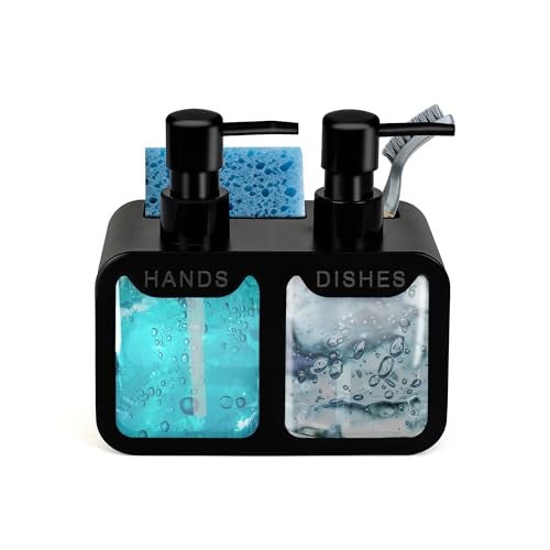BASEEFY 4-in-1 Kitchen Sink Soap Dispenser Set – Dual Pump for Hand & Dish Soap, Sponge & Brush Holder, Refillable Sink Organizer (Black) - Image 1