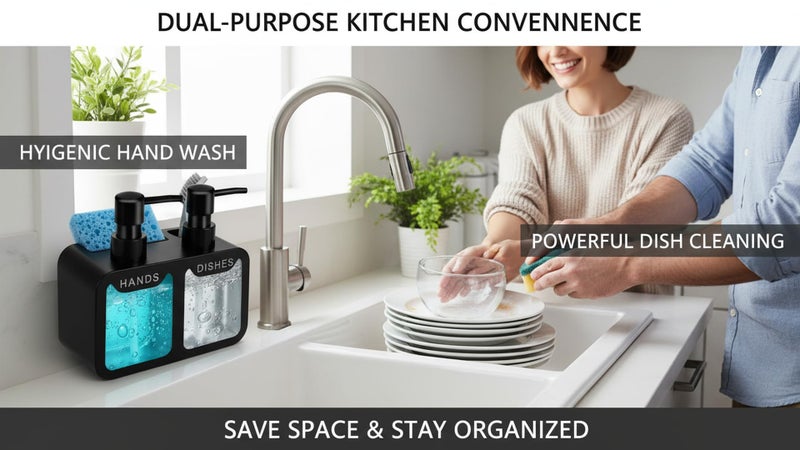 BASEEFY 4-in-1 Kitchen Sink Soap Dispenser Set – Dual Pump for Hand & Dish Soap, Sponge & Brush Holder, Refillable Sink Organizer (Black) - Image 4
