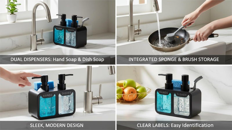 BASEEFY 4-in-1 Kitchen Sink Soap Dispenser Set – Dual Pump for Hand & Dish Soap, Sponge & Brush Holder, Refillable Sink Organizer (Black) - Image 2