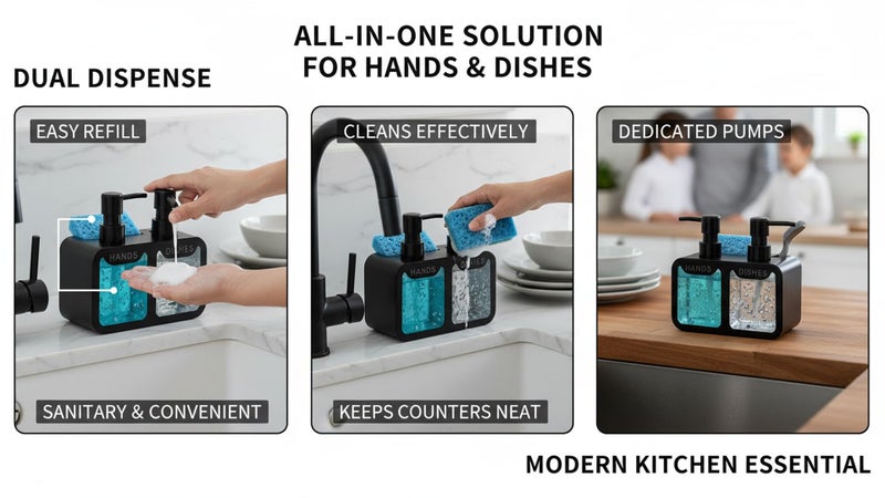 BASEEFY 4-in-1 Kitchen Sink Soap Dispenser Set – Dual Pump for Hand & Dish Soap, Sponge & Brush Holder, Refillable Sink Organizer (Black) - Image 5