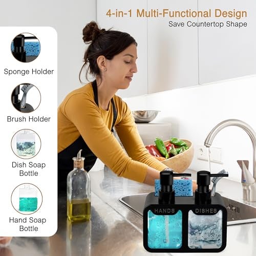 BASEEFY 4-in-1 Kitchen Sink Soap Dispenser Set – Dual Pump for Hand & Dish Soap, Sponge & Brush Holder, Refillable Sink Organizer (Black) - Image 3
