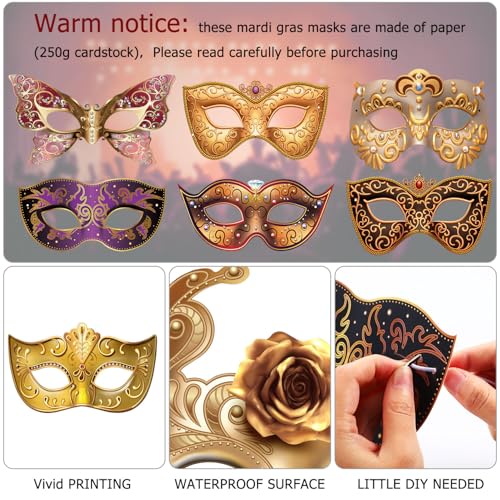 Blulu 12 Pcs Mardi Gras Masquerade Mask Set Paper Masquerade Masks for Halloween, Carnival, Prom, Venetian, Half, Retro, Women's Party Supplies - Image 2