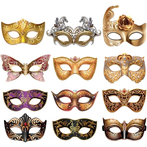 Blulu 12 Pcs Mardi Gras Masquerade Mask Set Paper Masquerade Masks for Halloween, Carnival, Prom, Venetian, Half, Retro, Women's Party Supplies - Image 1