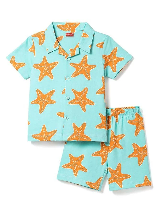 Babyhug Babyhug Cotton Knit Half Sleeves Co-Ords Star Printed Shirt & Shorts Night Suit - Sea Green