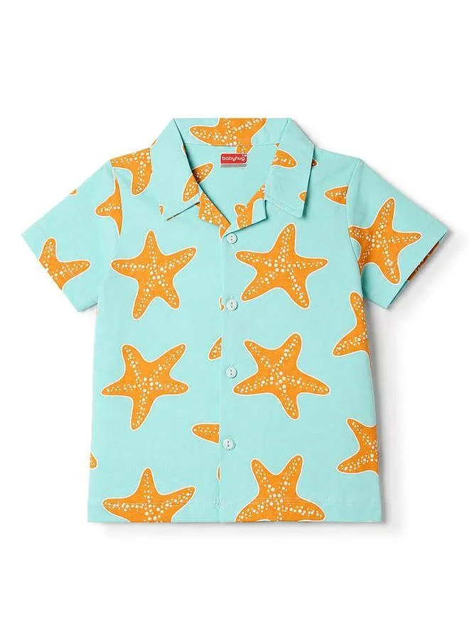 Babyhug Babyhug Cotton Knit Half Sleeves Co-Ords Star Printed Shirt & Shorts Night Suit - Sea Green