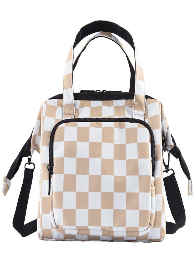 U+U Reusable Lunch Bag for Women Men Leakproof Lunch Tote Bag with Adjustable Strap, Holds Lunch Box, Snacks, Fruits for Work, Picnic or Travel - Large Capacity, Waterproof (Khaki Checkered) - Image 1