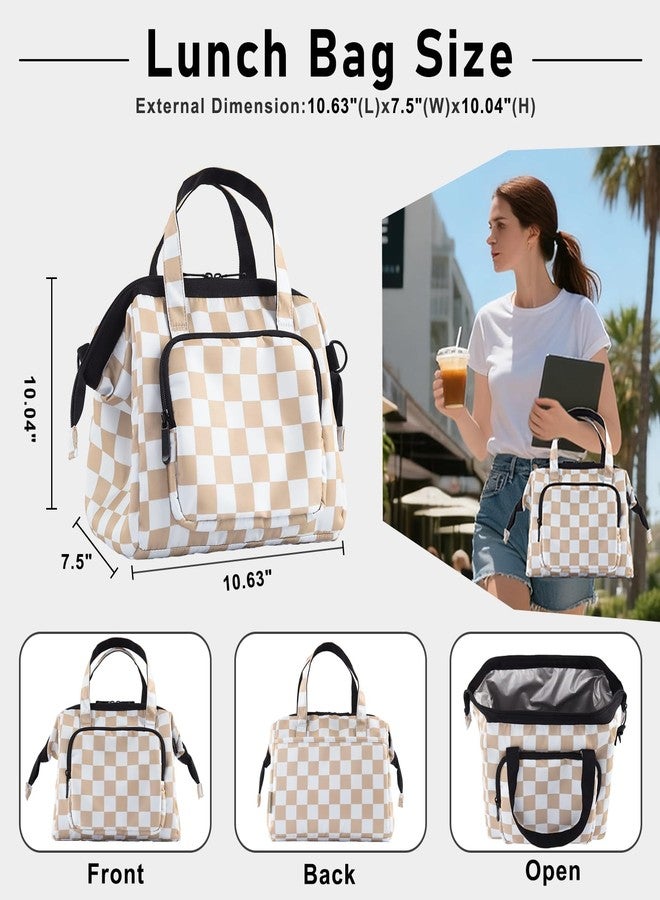 U+U Reusable Lunch Bag for Women Men Leakproof Lunch Tote Bag with Adjustable Strap, Holds Lunch Box, Snacks, Fruits for Work, Picnic or Travel - Large Capacity, Waterproof (Khaki Checkered) - Image 3