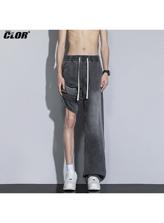 Clor High Street Men's Denim Jeans Spring Summer Tencel Straight Leg Loose Wide Leg Casual Pants Nz12 Black Gray M - Image 1