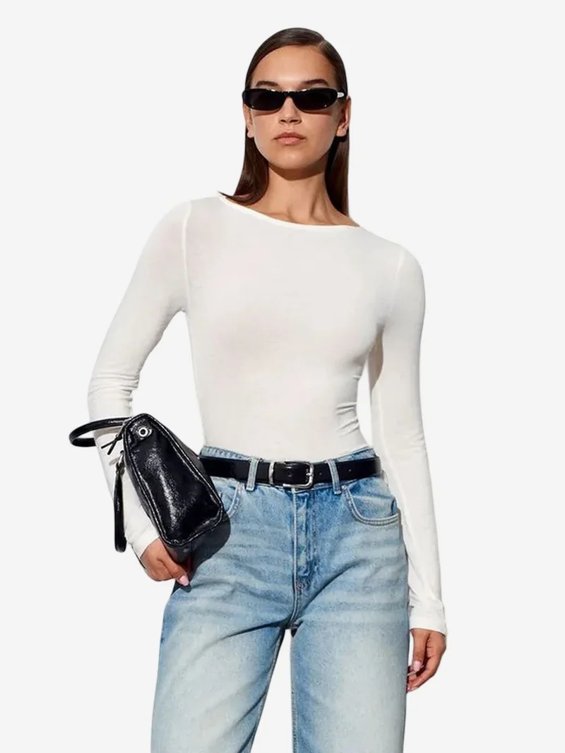 ديلفين DILVIN Women’s Ribbed Boat Neck Long-Sleeve Blouse