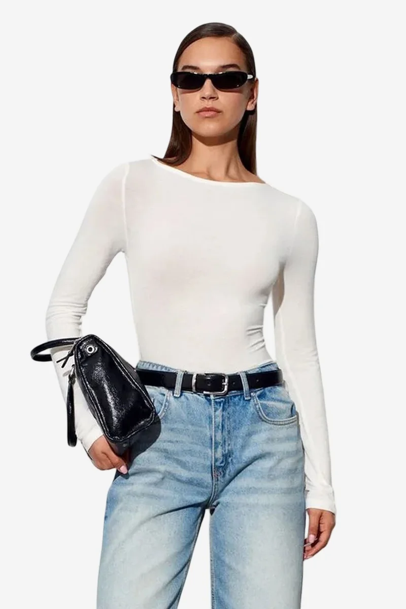 ديلفين DILVIN Women’s Ribbed Boat Neck Long-Sleeve Blouse