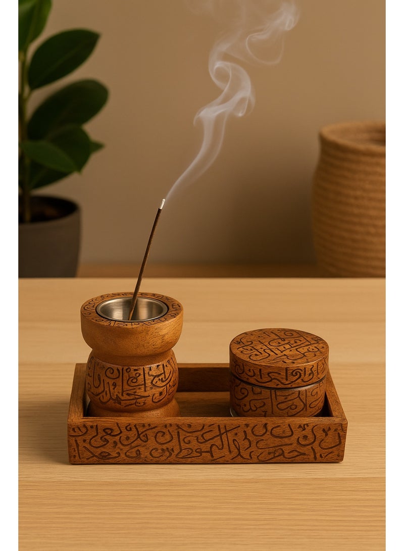 Carved Wooden Incense Burner Set with Box and Tray - Image 1