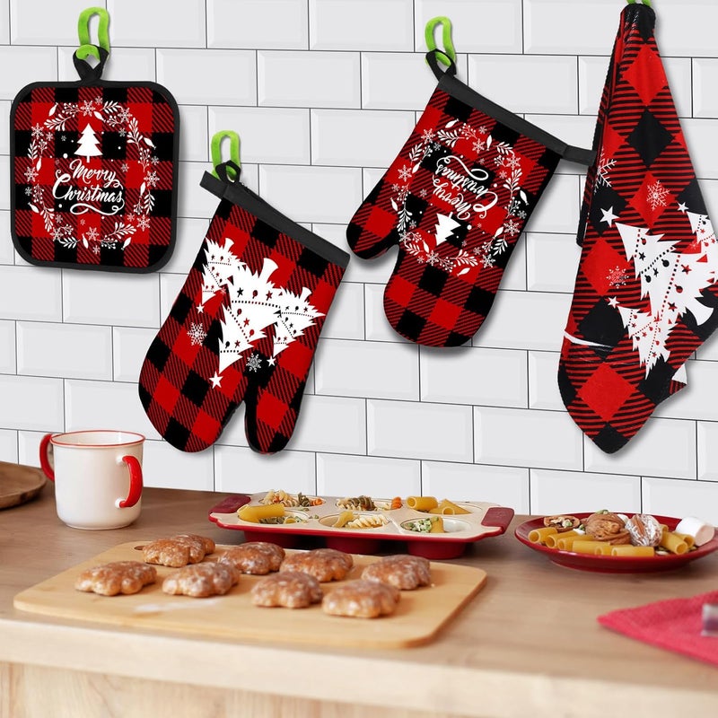 Jingmore 6 Pcs Christmas Kitchen Decor Set Buffalo Check Kitchen Towels Oven Mitts and Pot Holders Christmas Tree Dish Towels Oven Mitts and Pot Holders for Home Baking - Image 2