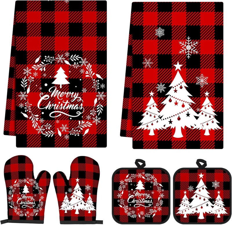 Jingmore 6 Pcs Christmas Kitchen Decor Set Buffalo Check Kitchen Towels Oven Mitts and Pot Holders Christmas Tree Dish Towels Oven Mitts and Pot Holders for Home Baking - Image 1