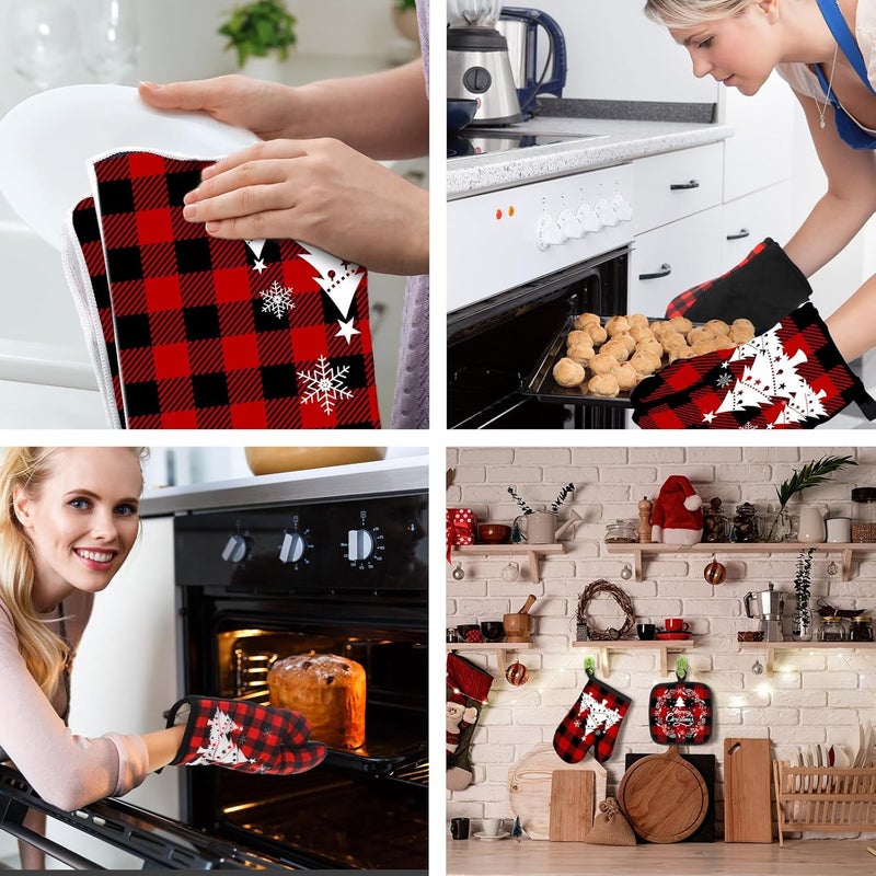 Jingmore 6 Pcs Christmas Kitchen Decor Set Buffalo Check Kitchen Towels Oven Mitts and Pot Holders Christmas Tree Dish Towels Oven Mitts and Pot Holders for Home Baking - Image 5