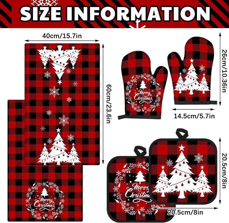 Jingmore 6 Pcs Christmas Kitchen Decor Set Buffalo Check Kitchen Towels Oven Mitts and Pot Holders Christmas Tree Dish Towels Oven Mitts and Pot Holders for Home Baking - Image 4