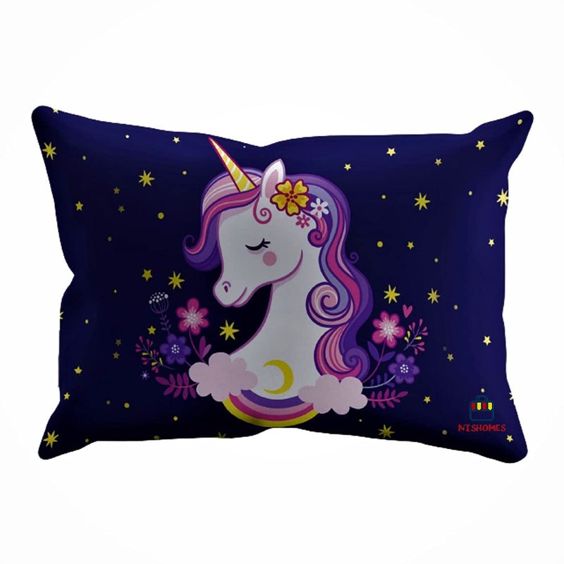 NISHOMES Velvet Unicorn Design Printed Kids Cartoon Pillow Fiber Filled Size 12x18 Inches (Blue) - Image 1
