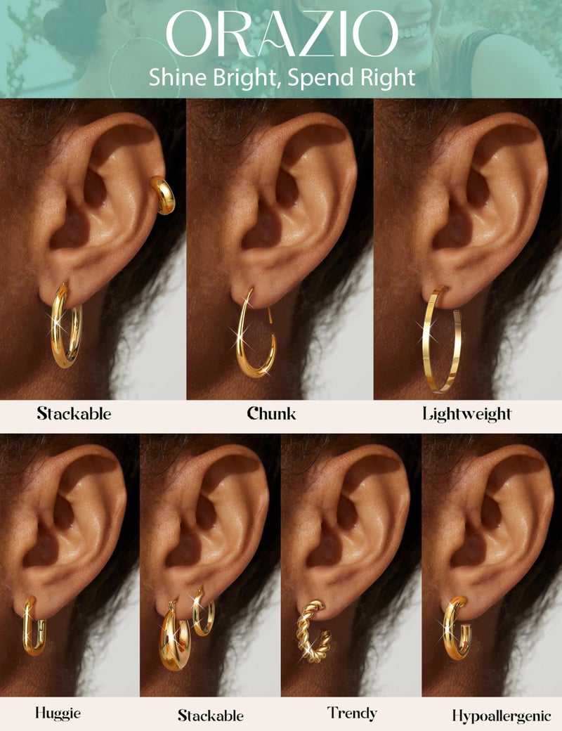 ORAZIO Gold Plated Chunky Hoop Earrings Set for Womens Trendy Silver Dainty Huggie Stacks Lightweight Hoops Earring Tarnish Free Jewelry for Women Gold - Image 3