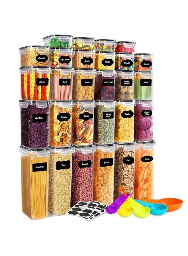 28 Pack Airtight Food Storage Containers, 6 Sizes Cereal & Dry Food Storage Containers, BPA-Free, Stackable Boxes Containers for Kitchen, Clear Plastic Kitchen and Pantry Organization Set, Airtight Plastic Kitchen Storage Organizer for Sugar, Snack, Baking Supplies, Including Labels and Spoon - Image 1