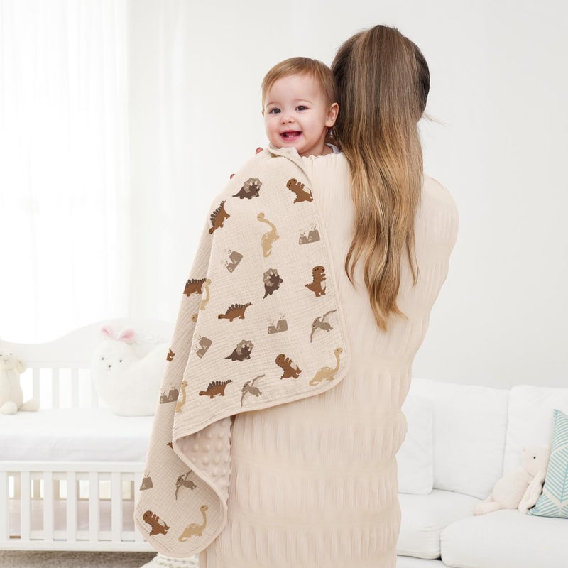 Susurration Baby Blanket for Unisex Boys Girls, Soft Nursery Minky Blanket with Muslin Cotton Front and Dotted Fleece Back, Receiving Blanket for Baby Newborn Infant, 30x40inch (Dinosaur) - Image 4