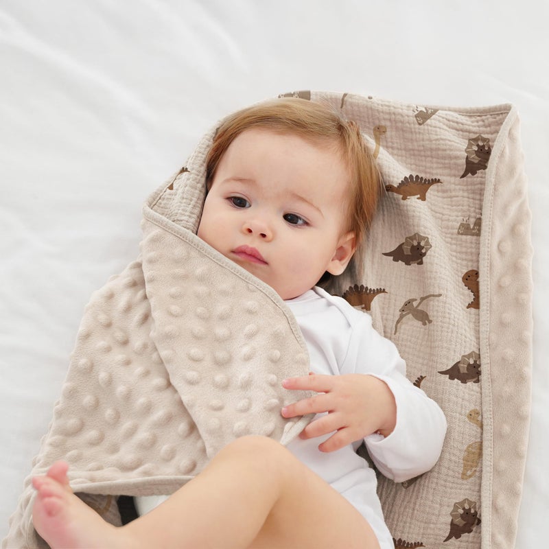 Susurration Baby Blanket for Unisex Boys Girls, Soft Nursery Minky Blanket with Muslin Cotton Front and Dotted Fleece Back, Receiving Blanket for Baby Newborn Infant, 30x40inch (Dinosaur) - Image 5