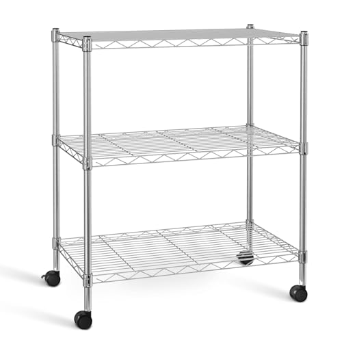 HealSmart 3-Tier Heavy Duty Storage Shelves 750Lb Capacity, 24.02" D x 13.78" W x 29.92" H Adjustable Shelving Unit with Wheels, Chrome - Image 1