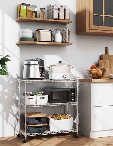 HealSmart 3-Tier Heavy Duty Storage Shelves 750Lb Capacity, 24.02" D x 13.78" W x 29.92" H Adjustable Shelving Unit with Wheels, Chrome - Image 2