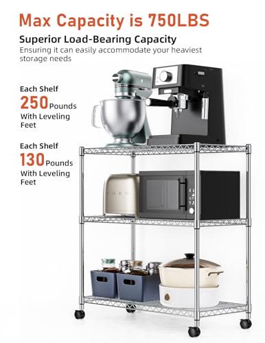 HealSmart 3-Tier Heavy Duty Storage Shelves 750Lb Capacity, 24.02" D x 13.78" W x 29.92" H Adjustable Shelving Unit with Wheels, Chrome - Image 3