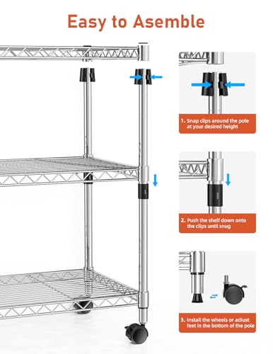 HealSmart 3-Tier Heavy Duty Storage Shelves 750Lb Capacity, 24.02" D x 13.78" W x 29.92" H Adjustable Shelving Unit with Wheels, Chrome - Image 5
