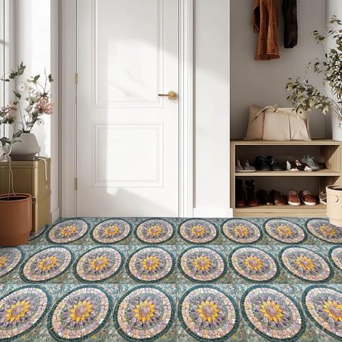 IVN 10 Piece Peel and Stick Floor Tile 12 x 12 Inch PVC Vinyl Flooring, Waterproof Removable Floor Decal for Bathroom Kitchen Fireplace Stairs,Colorful Mosaic Floral Mandala Pattern - Image 3