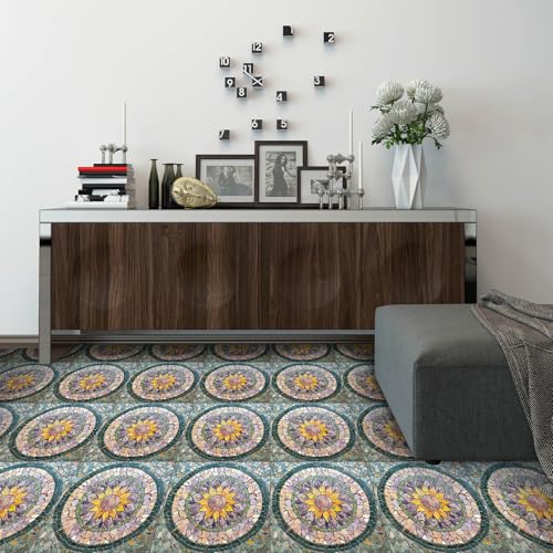 IVN 10 Piece Peel and Stick Floor Tile 12 x 12 Inch PVC Vinyl Flooring, Waterproof Removable Floor Decal for Bathroom Kitchen Fireplace Stairs,Colorful Mosaic Floral Mandala Pattern - Image 2