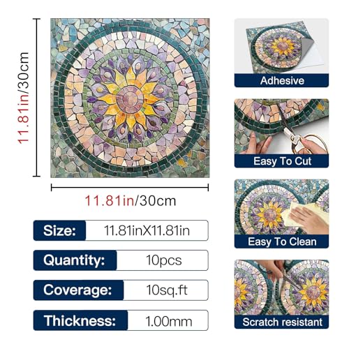 IVN 10 Piece Peel and Stick Floor Tile 12 x 12 Inch PVC Vinyl Flooring, Waterproof Removable Floor Decal for Bathroom Kitchen Fireplace Stairs,Colorful Mosaic Floral Mandala Pattern - Image 4