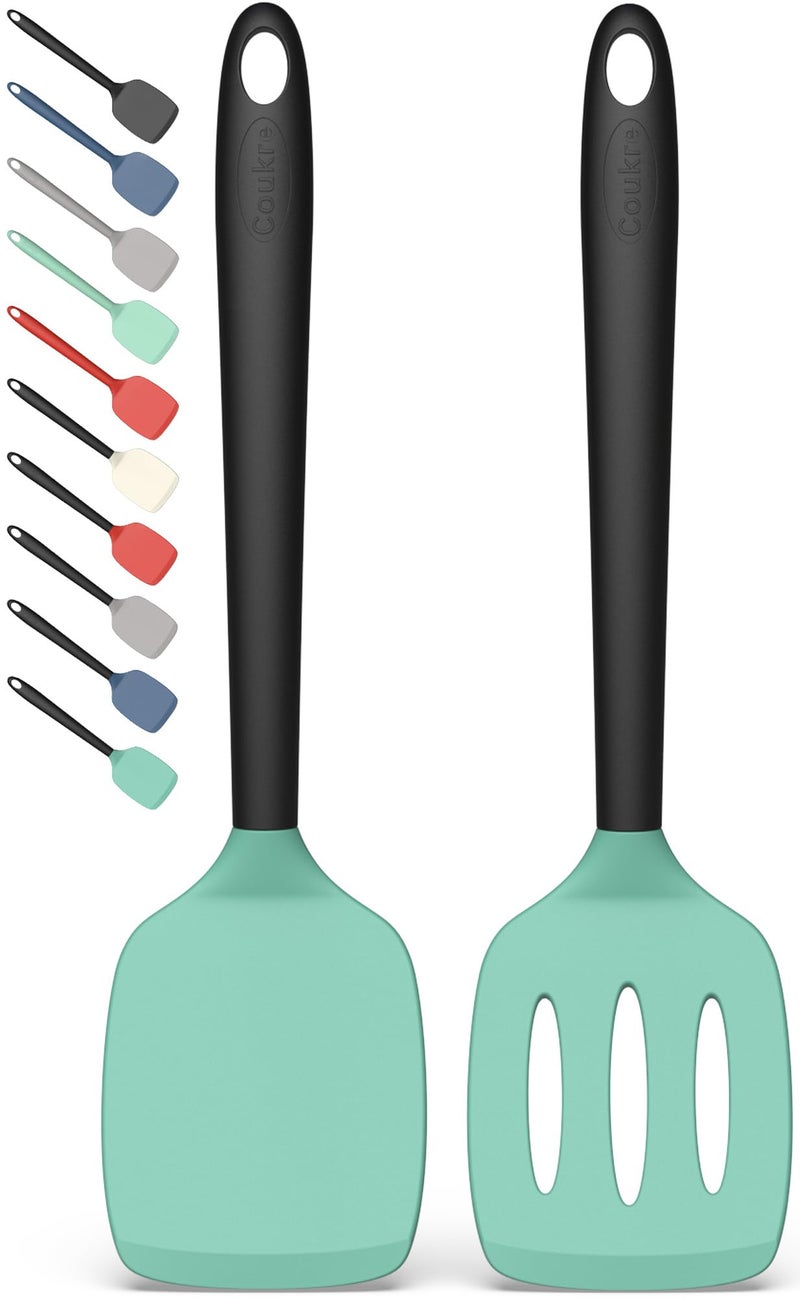 Coukre 2 Pack Silicone Spatula Set  High Heat Resistant  BPA Free Kitchen Spatula  Solid & Slotted Turner for Non-Stick Pans  Saut?ng  and Flipping (2  AquaGreen) - Image 1