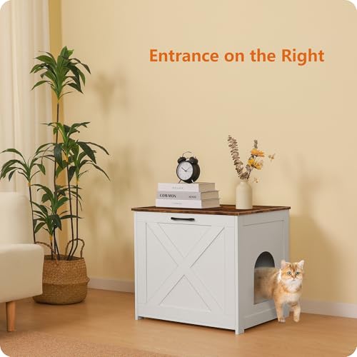Dwanton Cat Litter Box Furniture Hidden, Cat Litter Box Enclosure, Reversible Entrance Can Be on Left or Right Side, Indoor Cabinet, Wooden Washroom, End Table, White and Rustic Brown, 23.6" L - Image 2