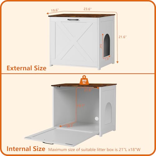 Dwanton Cat Litter Box Furniture Hidden, Cat Litter Box Enclosure, Reversible Entrance Can Be on Left or Right Side, Indoor Cabinet, Wooden Washroom, End Table, White and Rustic Brown, 23.6" L - Image 4