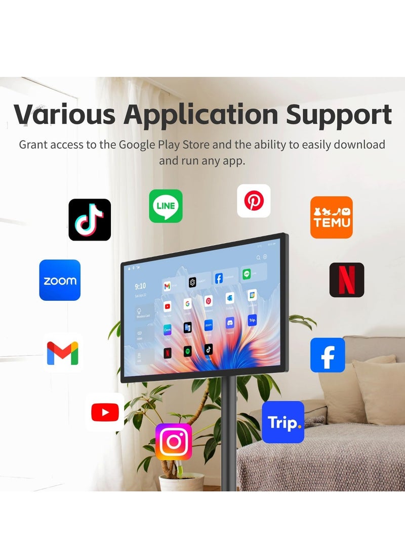 FlashHawk - 21.5 Inch Portable TV Floor Screen with Adjustable Stand - LCD Smart Touch Display Screen | 4G RAM+64G Storage | Built-in Battery, Full Swivel Rotation - Image 1
