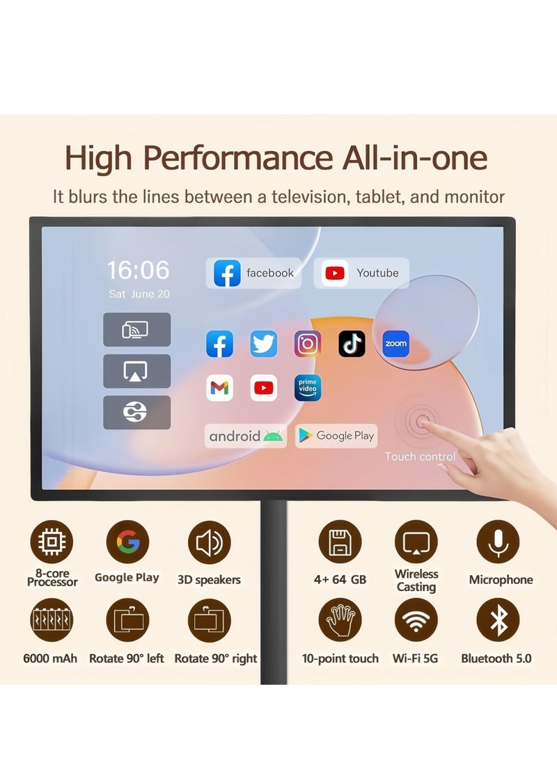 FlashHawk - 21.5 Inch Portable TV Floor Screen with Adjustable Stand - LCD Smart Touch Display Screen | 4G RAM+64G Storage | Built-in Battery, Full Swivel Rotation - Image 1