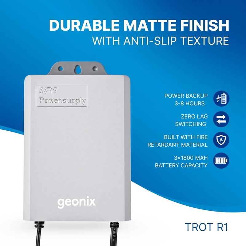 GEONIX تروت R1 ميني UPS | احتياطي يصل إلى 4 ساعات | 3x1800 مللي أمبير | يدعم 12V/2A إخراج | احتياطي الطاقة لجهاز التوجيه Wi-Fi، كاميرا CCTV، صندوق الاستقبال، الهاتف اللاسلكي، المودم (رمادي) - Image 2
