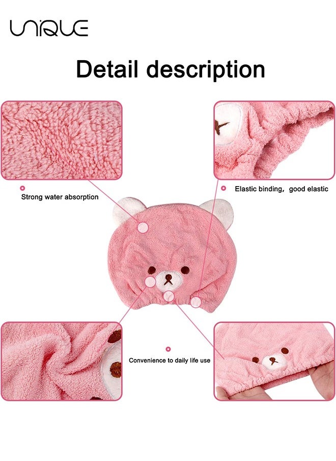 Unique 2PCS Hair Towel Wrap Cute Bear Dry Hair Caps Hair Drying Wrap Towel Bath Head Wrap Drying Turban Cap for Women, Girls, Children and Kids -  Pink + Blue  - Image 2
