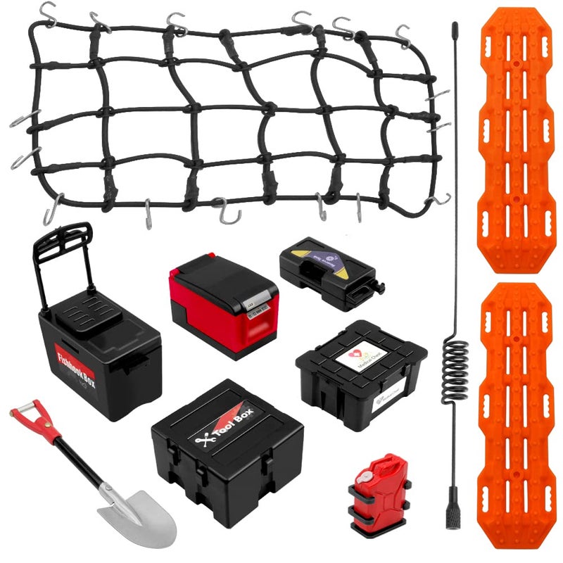GLOBACT 10PCS RC Crawler Accessories Roof Simulation Decoration Luggage NetFishing BoxOil DrumShovelAntennasRecovery Board for Traxxas Trx4 Trx6 Axial SCX10 Redcat GEN 7 8 Rc4wd Black - Image 2