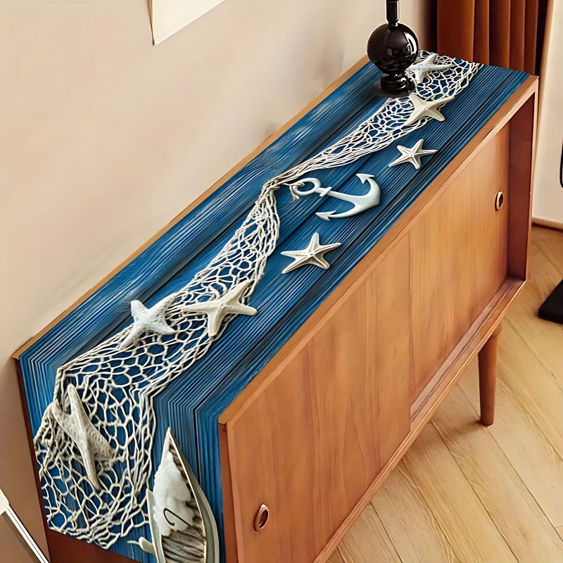 Nautical Table Flag With Blue Beige Anchors Starfish Ocean Decor 13x48 In Polyester Coastal Dining Kitchen - Image 2