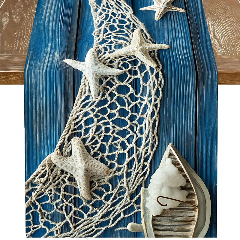 Nautical Table Flag With Blue Beige Anchors Starfish Ocean Decor 13x48 In Polyester Coastal Dining Kitchen - Image 1