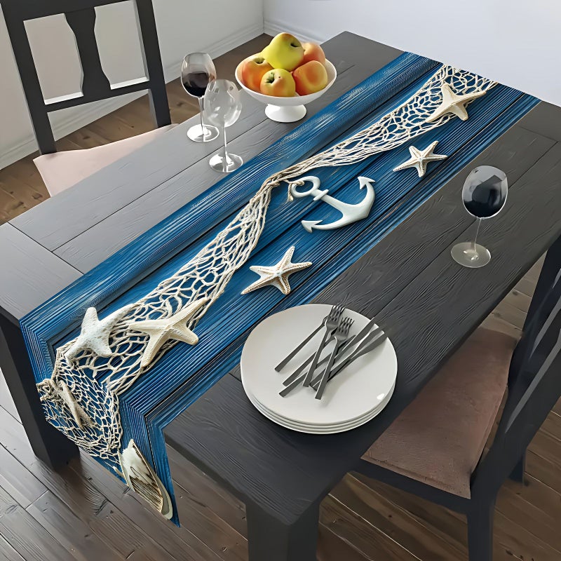 Nautical Table Flag With Blue Beige Anchors Starfish Ocean Decor 13x48 In Polyester Coastal Dining Kitchen - Image 4