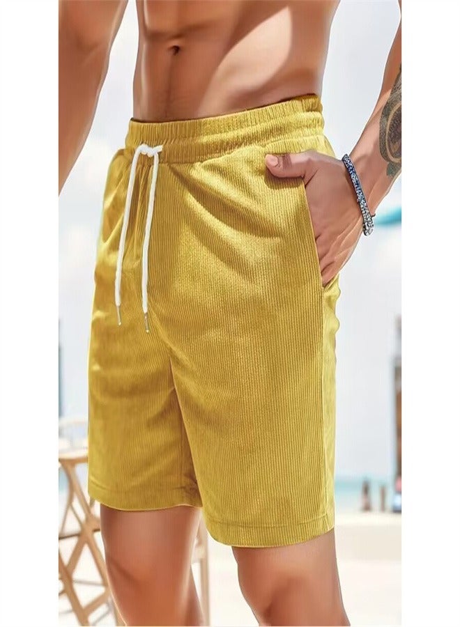 Loquat Solid Color Lace Up Sports Corduroy Minimalist Five Point Shorts Yellow  - Image 1