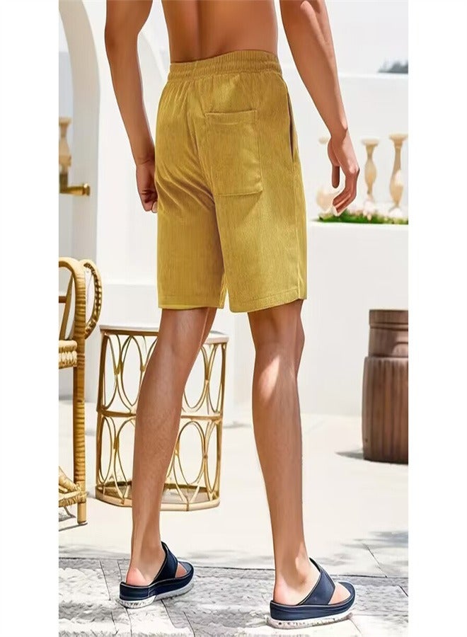 Loquat Solid Color Lace Up Sports Corduroy Minimalist Five Point Shorts Yellow  - Image 3