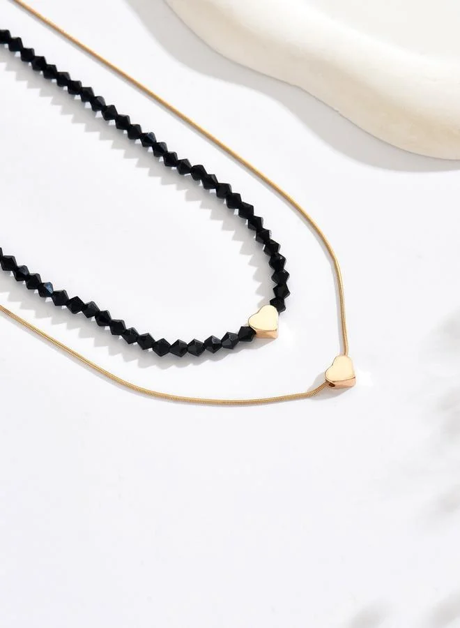 Take Two  Golden Heart and Black Bead Layered Necklace for Women | Best Price UAE