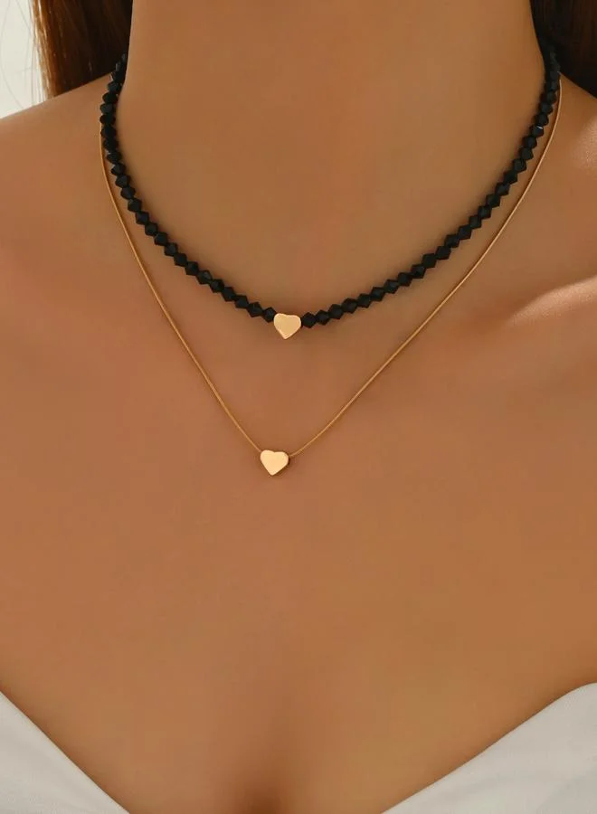 Take Two  Golden Heart and Black Bead Layered Necklace for Women | Best Price UAE
