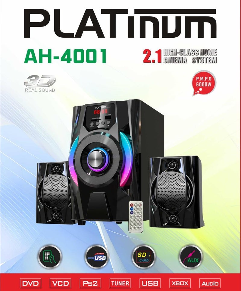Platinum AH-4001 2.1 Subwoofer Bluetooth Black - LED Light 10W+5W*2 - USB - AUX - Remote Control - Image 2