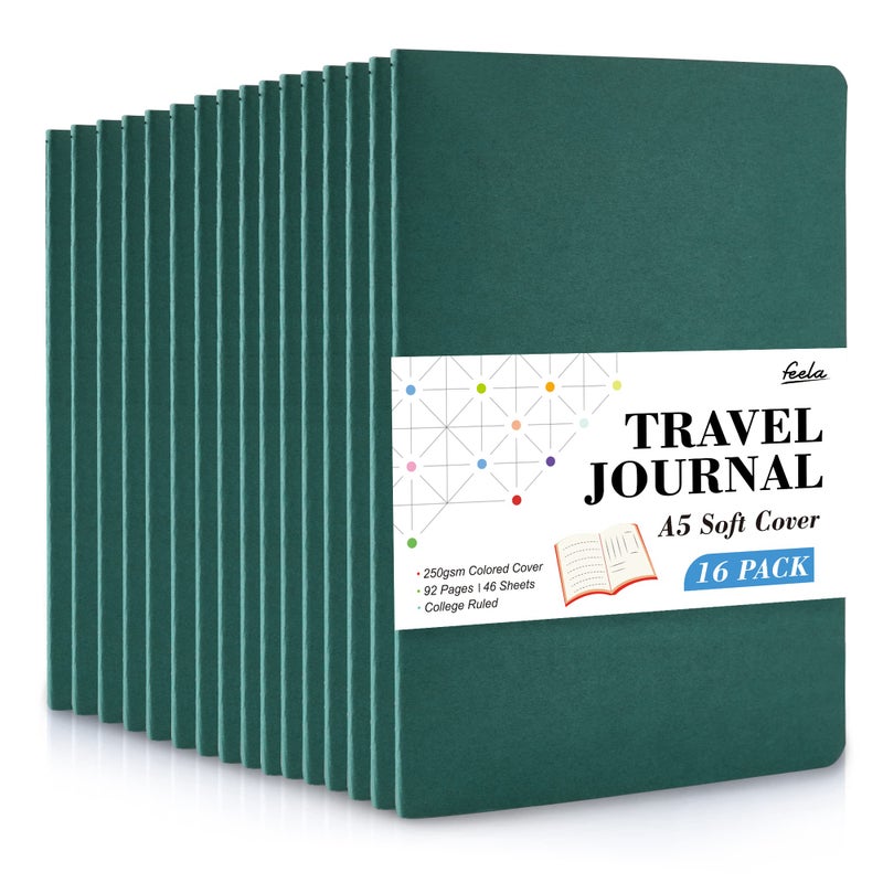 Feela 16 Pack Soft Cover Journal Bulk, Feela Lined Notebooks College Ruled for Work for Women Girl Writing, Blank Travel Journal Note Taking Notebook School Business Supplies, 8.2â€ x 5.5â€, A5, Dark Green - Image 1