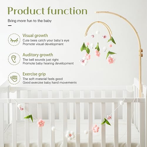 OESSUF Baby Mobile for Crib, Crib Nursery Mobile for Boys Girls, Boho Bee Flower Nursery Decor Soothe Toy Baby Shower Set for Infant Bedroom Hanging Decoration Toy, Pink - Image 5